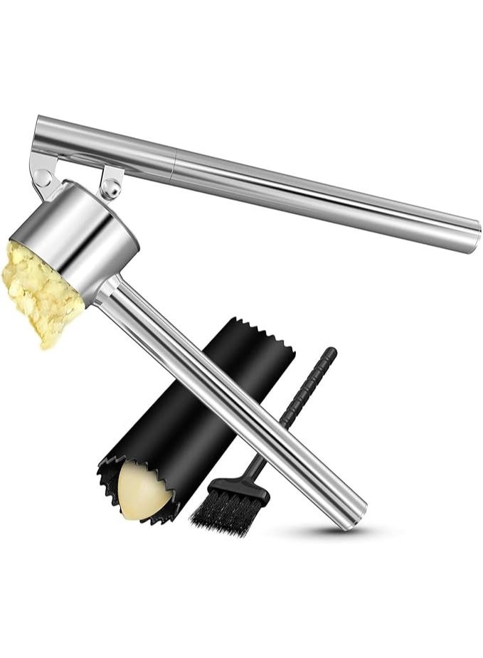 MOMENT Kitchen Premium Garlic Press with Soft, Easy to Squeeze Handle Includes Silicone Garlic Peeler & Cleaning Brush 3 Piece Garlic Mincer Tool Sturdy Easy to Clean Garlic and Ginger Crusher